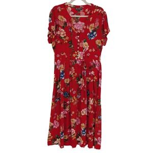 J Gee‎ Floral Midi Dress L Red Boho Button Front Rayon Lace Up Waist Cottagecore